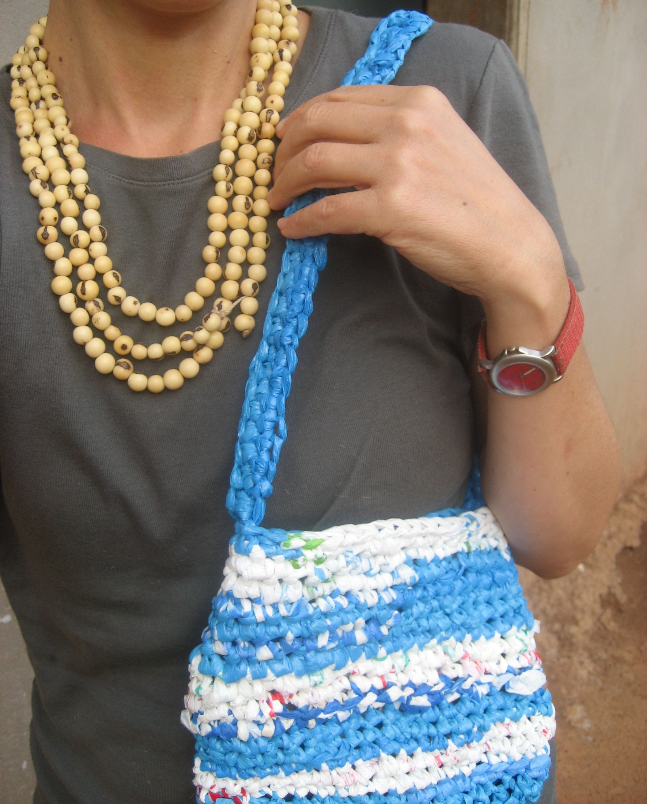 Plarn bags and purses made from recycled plastic bags